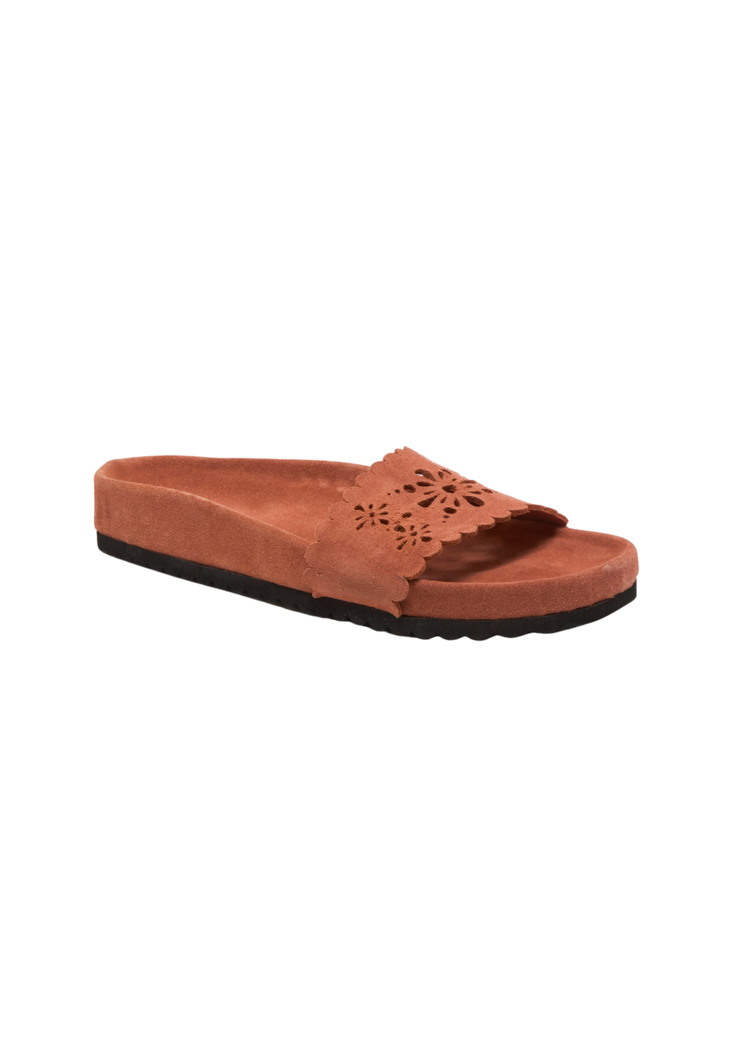 Brown sandal with a decorative sole on a white background