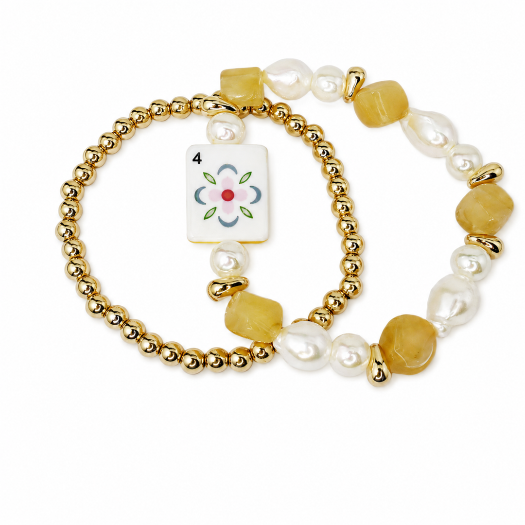 Mahjong Tile Beaded Bracelet, 2-Piece Set - Golden Bloom