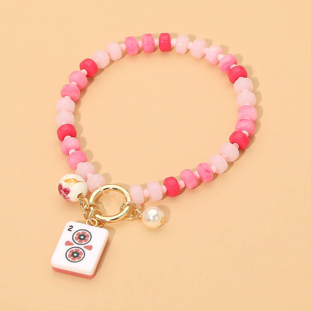 Mahjong Tile Charm Beaded Stretch Bracelet - Pink