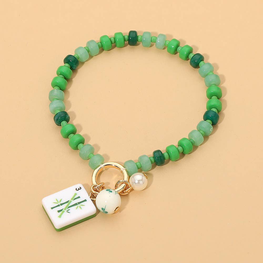 Mahjong Tile Charm Beaded Stretch Bracelet - Green
