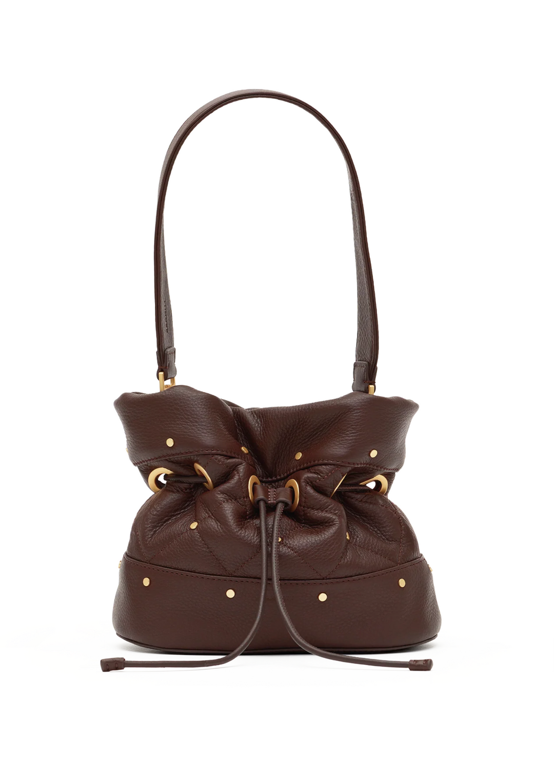 A dark brown leather bucket bag with a drawstring closure, gold-tone hardware, and small gold studs, shown against a plain white background.