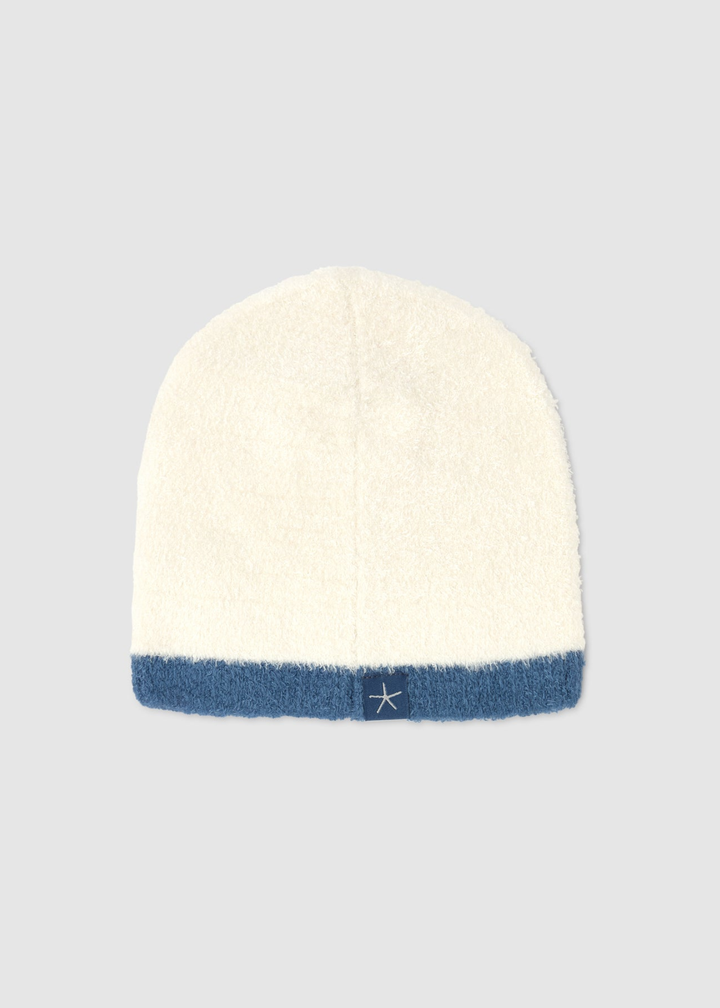 Cream baby beanie with blue trim