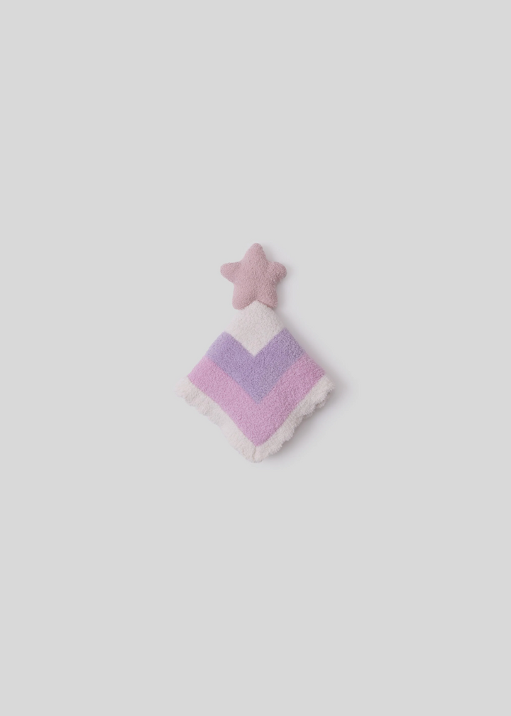 Fabric, pink and purple star shaped baby blanket/toy on a white background