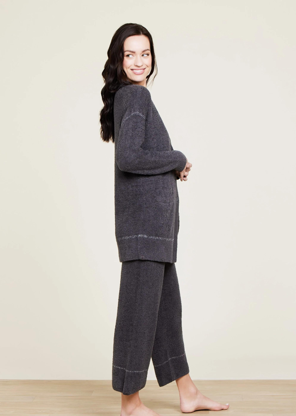 Barefoot Dreams CozyChic Lite Contrast Stitch Cardigan-Carbon/Pearl