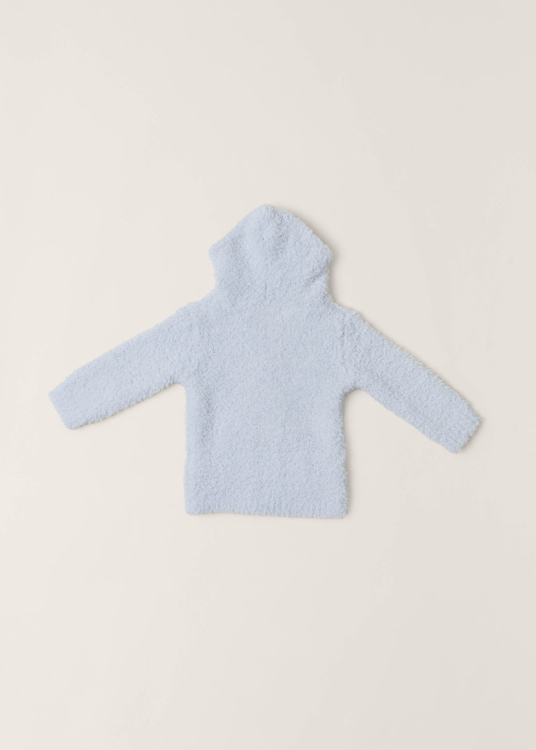 Back of a blue baby hoodie on a grey background