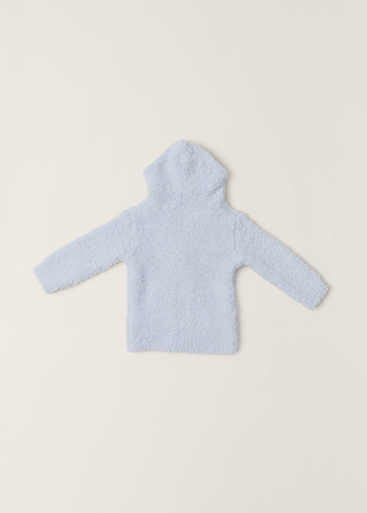 Back of a blue baby hoodie on a grey background