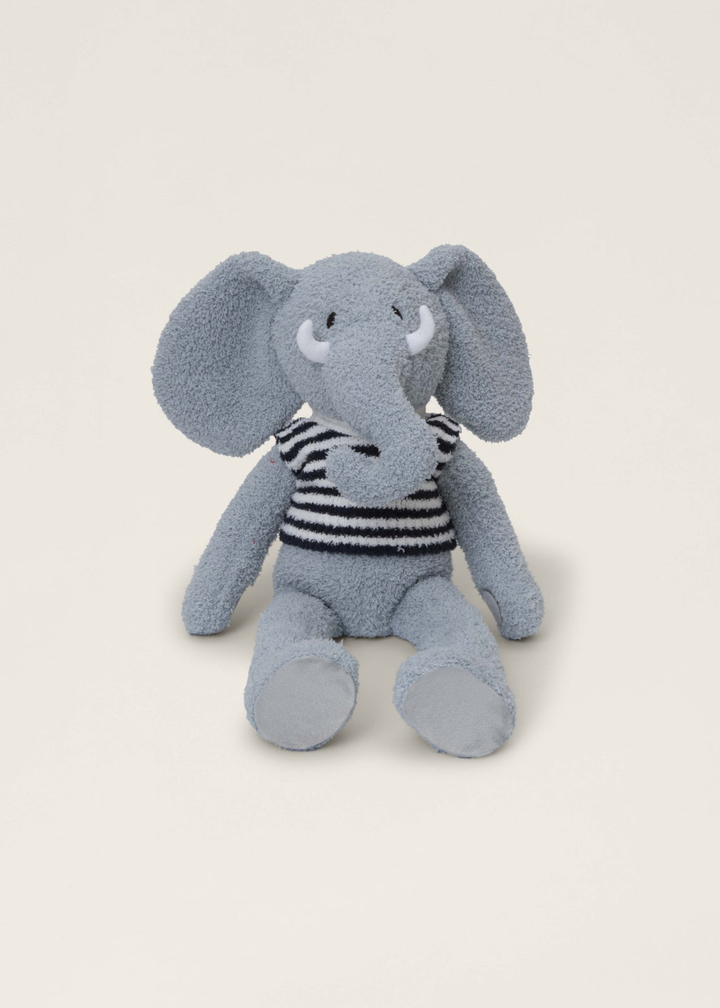 Grey mammoth stuffed animal with a black and white striped tee