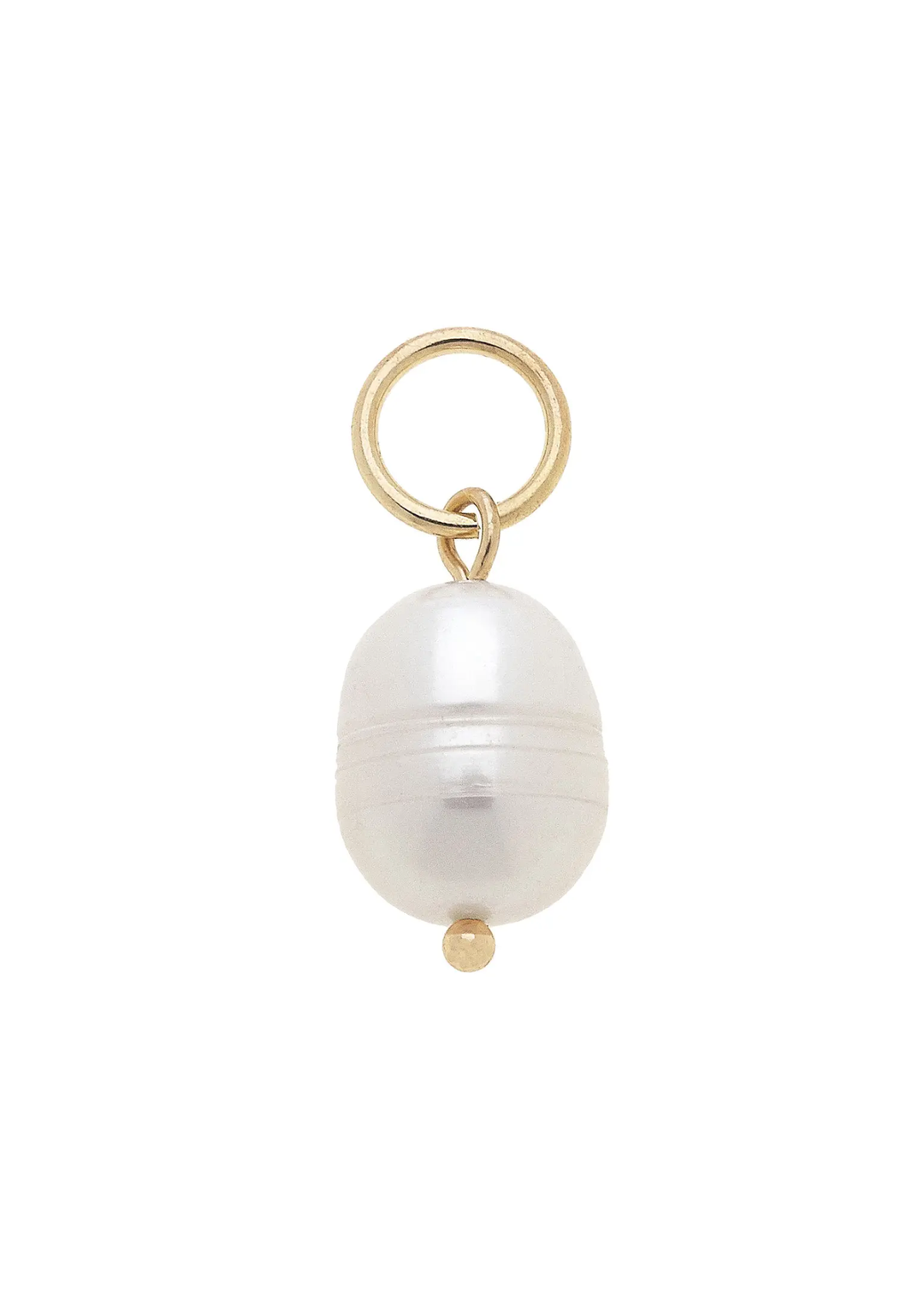 Oval shaped pearl charm with gold accents on a white background