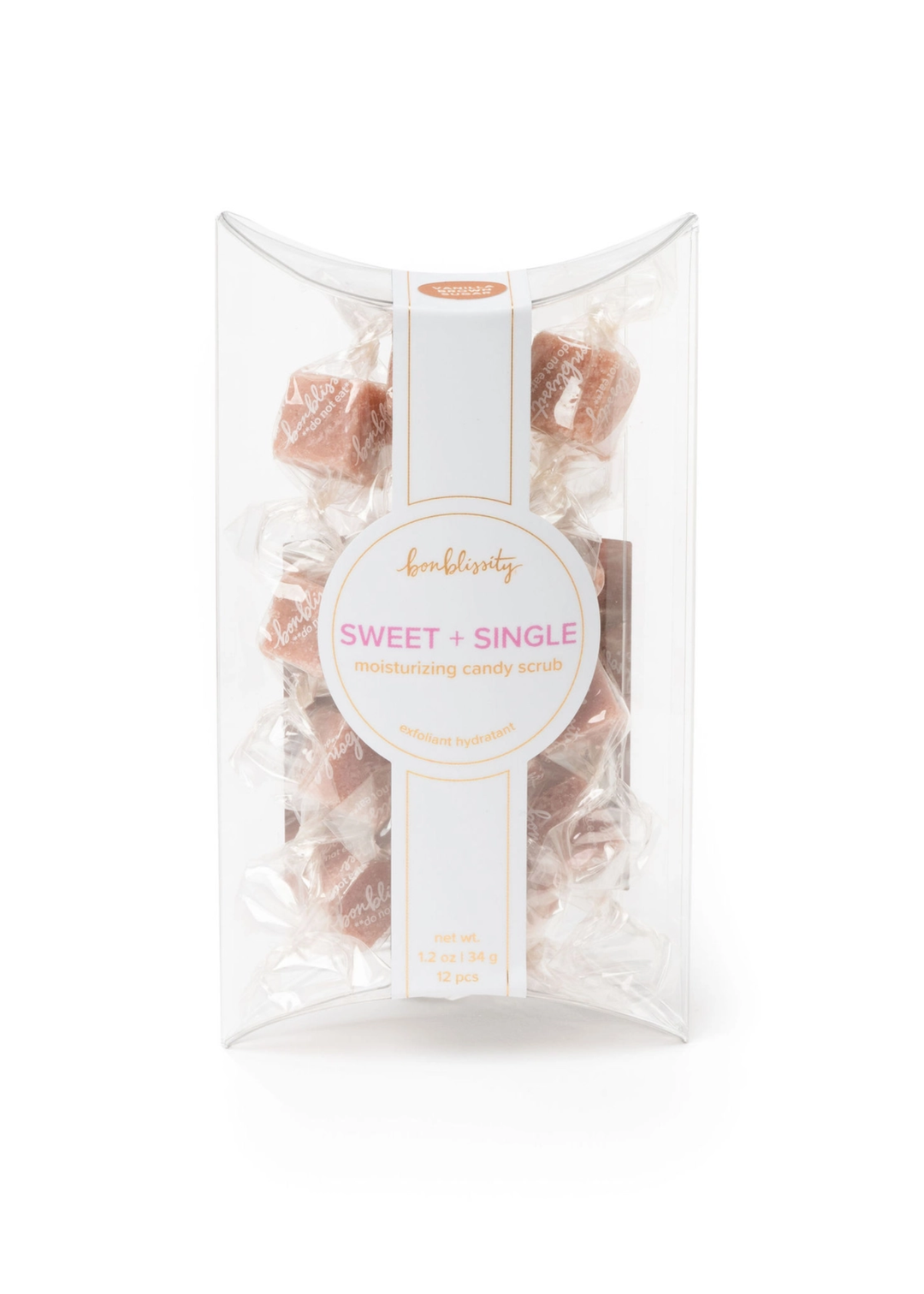 Package of brown candy shaped bath scrubs