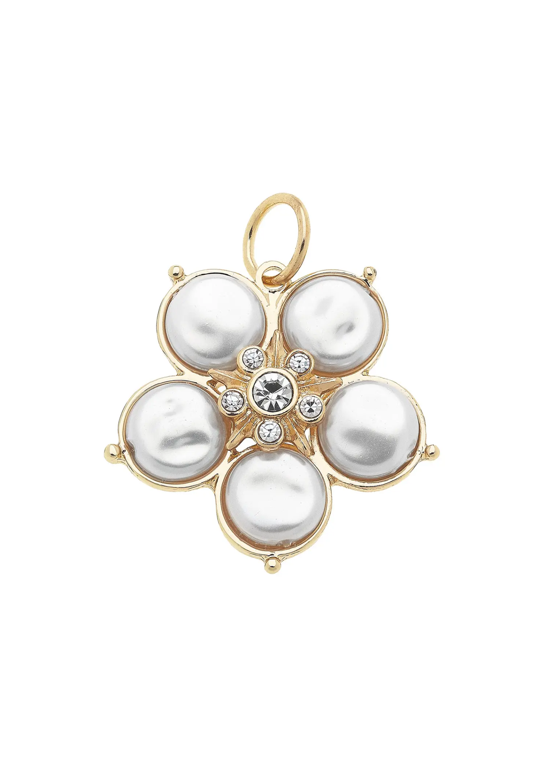 Gold framed flower shaped charm with ivory pearls on a white background