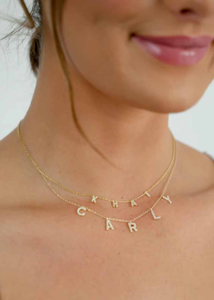 Custom Dover Pave Crystal Name Necklace - Gold