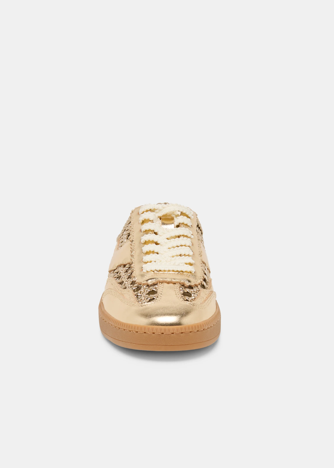 Gold woven slip on sneaker against a white background