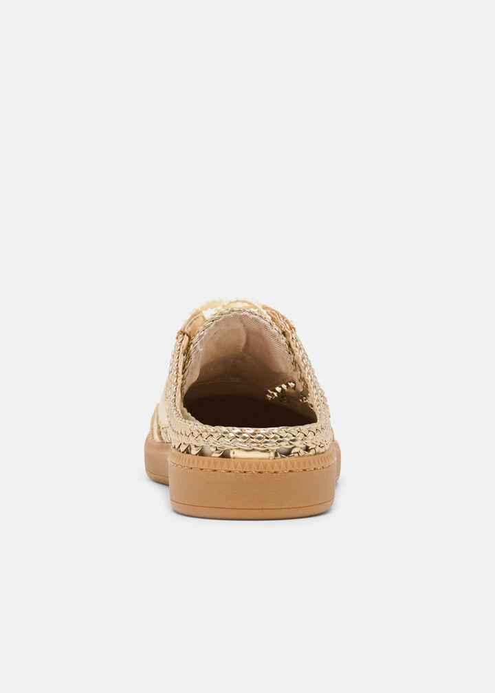 Gold woven slip on sneaker against a white background