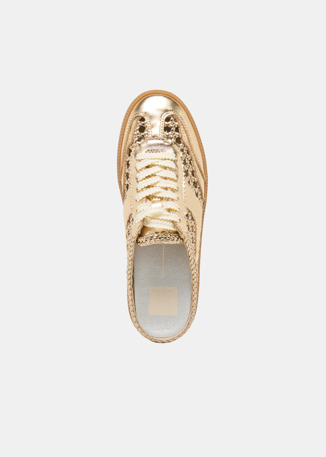 Gold woven slip on sneaker against a white background