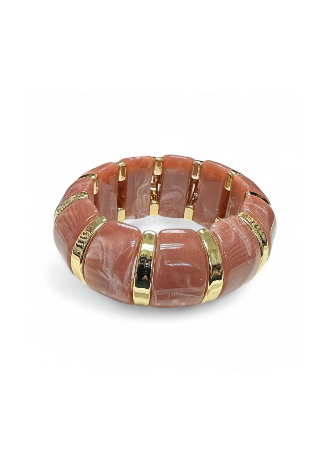 Gold and rose gold beaded stretch bracelet on a white background