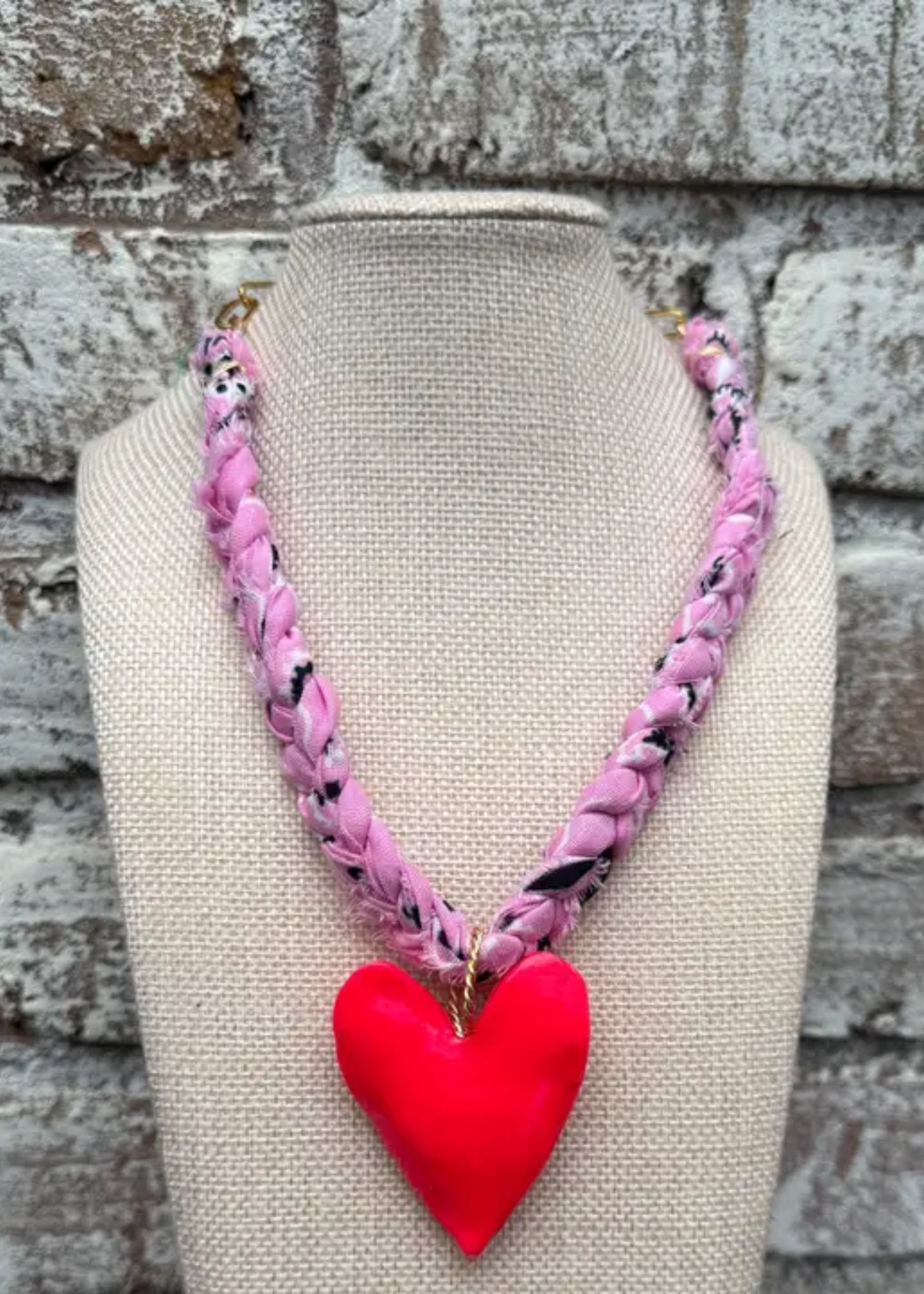 Light pink bandana necklace with a large hot pink heart charm