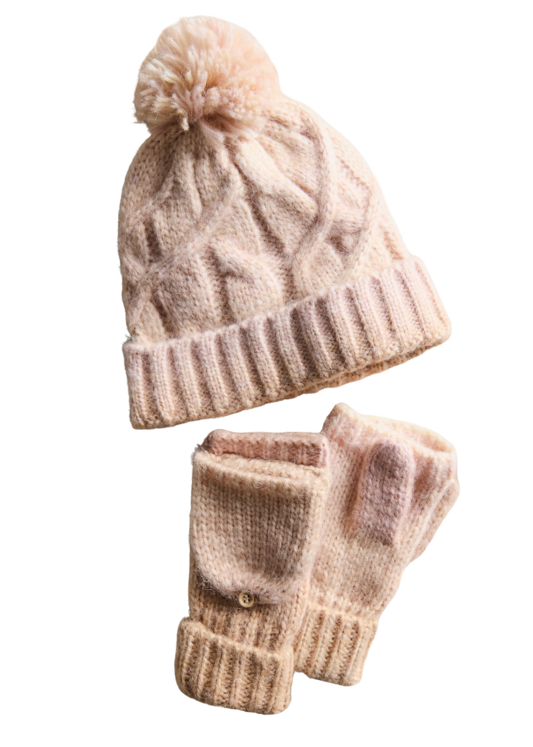 Ivory beanie and gloves on a white background