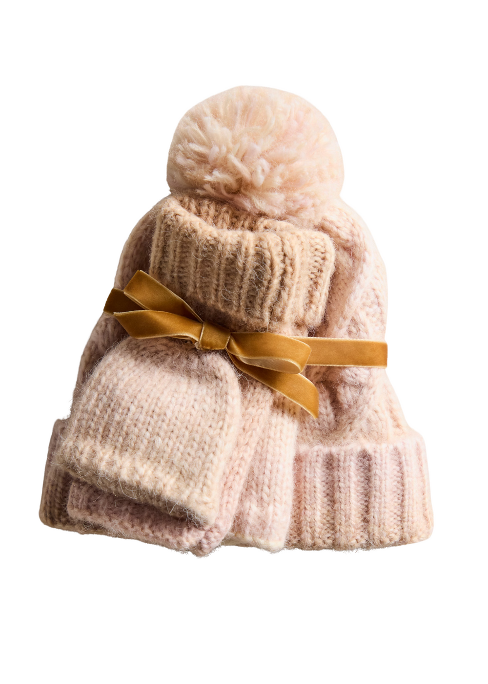 Ivory beanie and gloves tied together with a gold ribbon on a white background