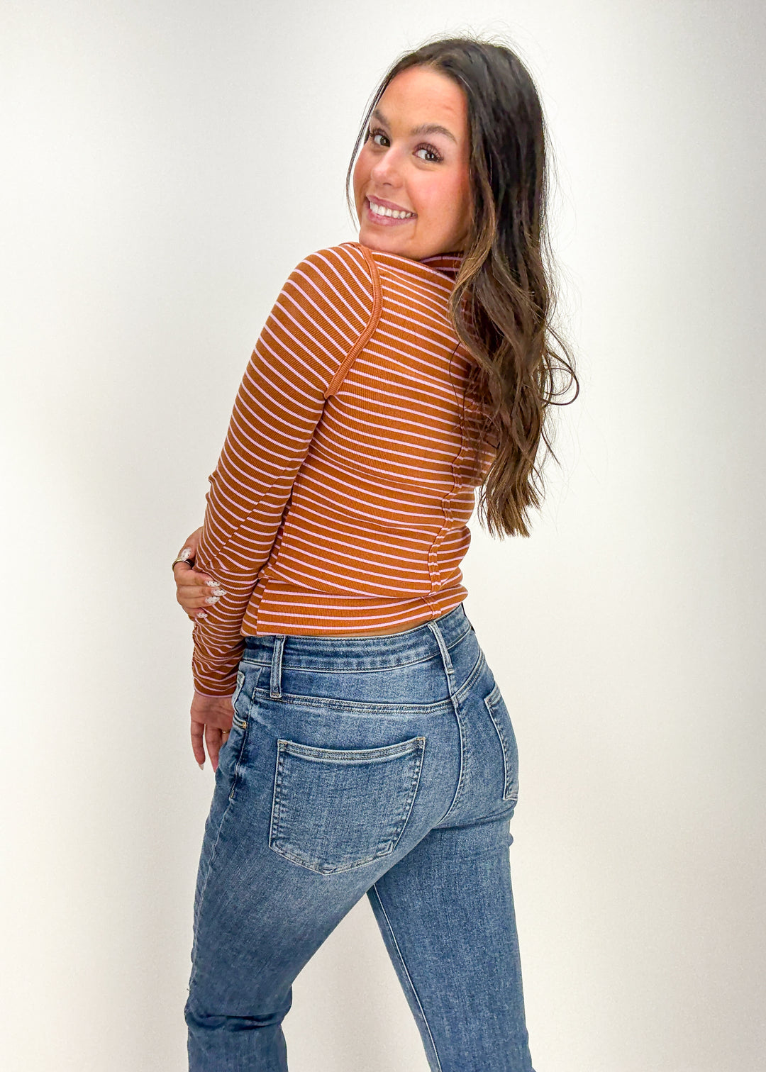 Free People Lake Henley Stripe Top - Cinnamon Combo