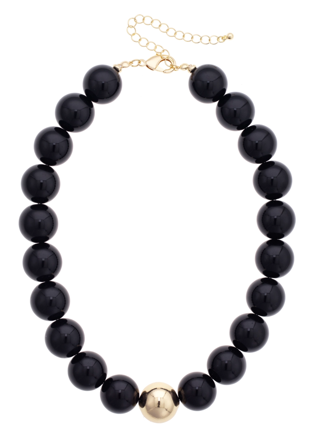 Black beaded necklace with a gold center bead on a white background