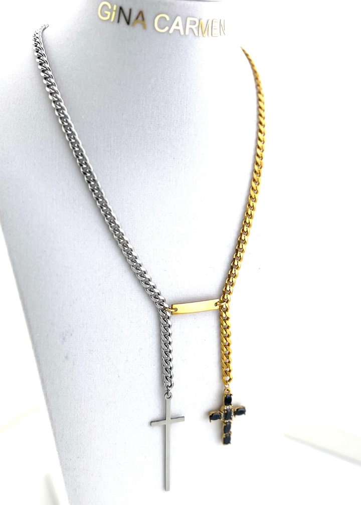 Two toned chain necklace with cross charms on a white display