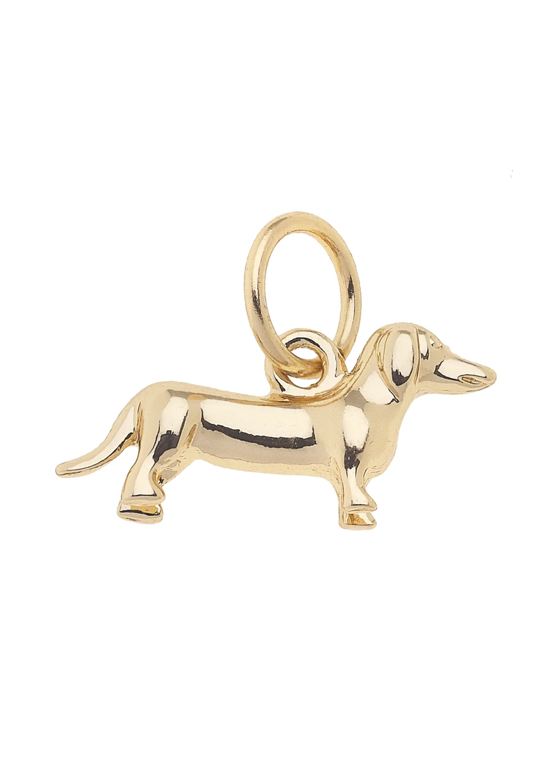 Shiny gold dachshund dog charm on a white background