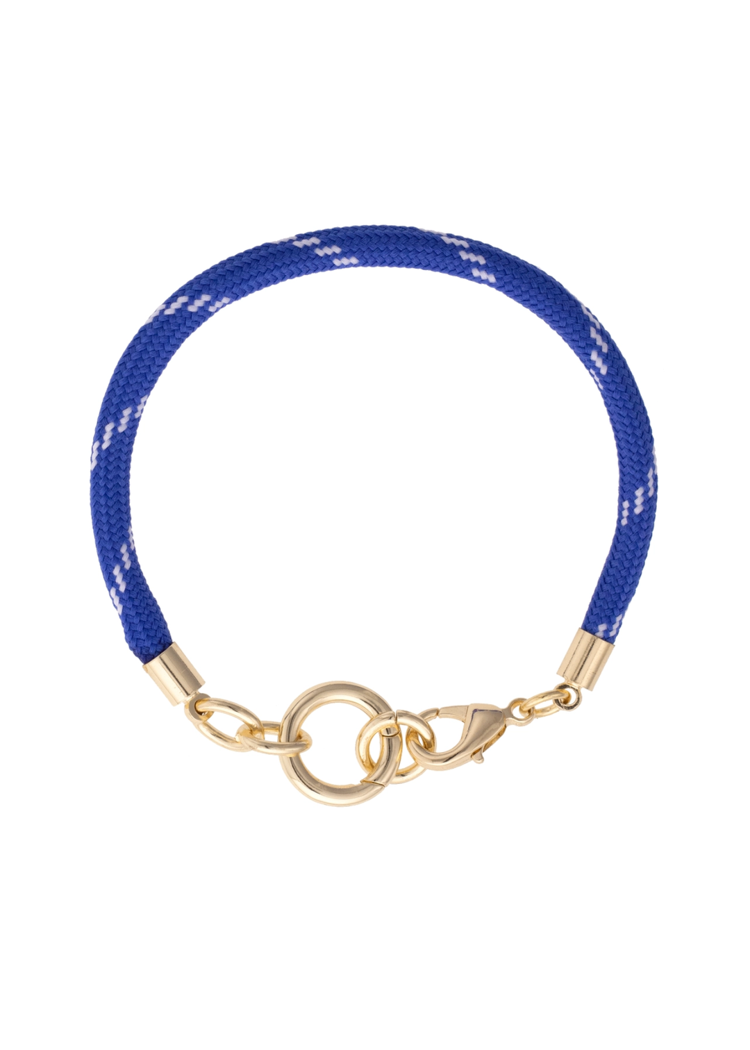 Blue paracord charm bracelet base with a gold clasp on a white background