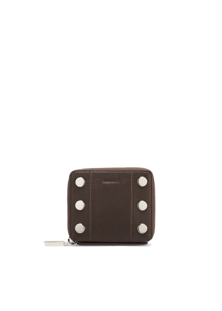 Dark brown square shaped leather wallet with silver accents on a white background