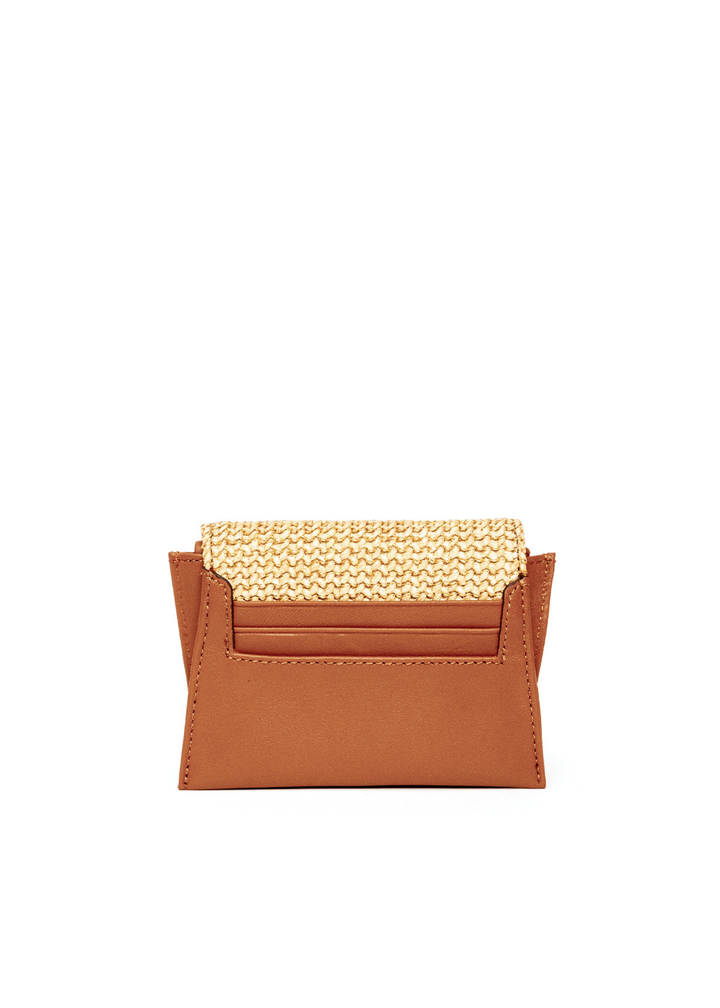 Back of a brown leather and raffia wallet