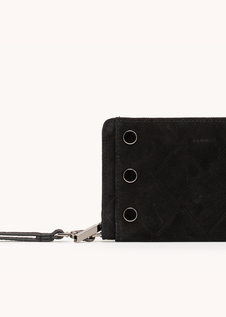 Black suede wallet on a white background