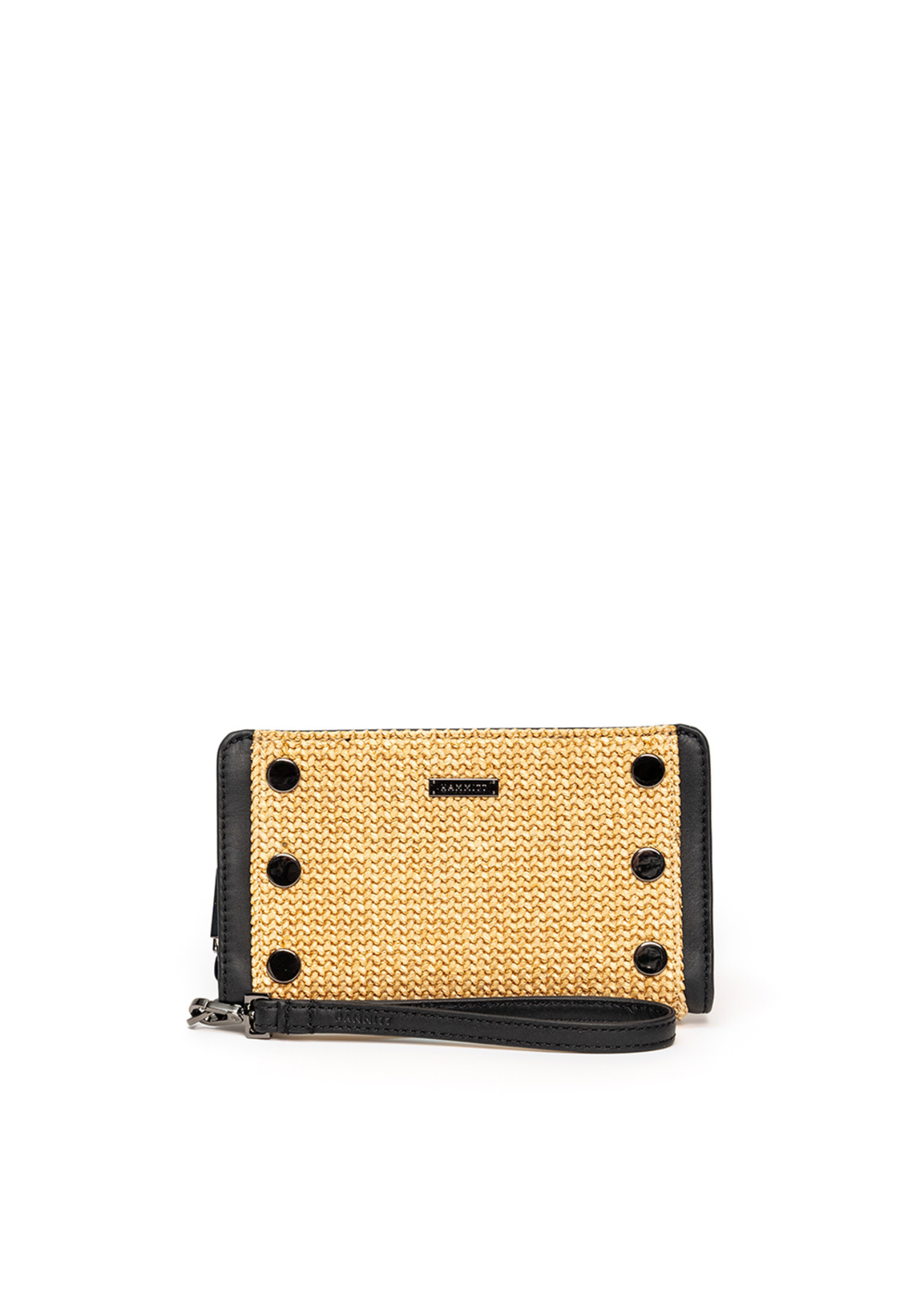 Raffia and black leather wallet on a white background