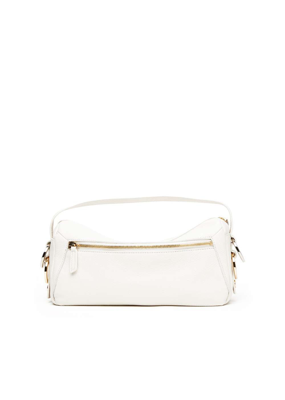 White leather purse with gold and silver hardware accents