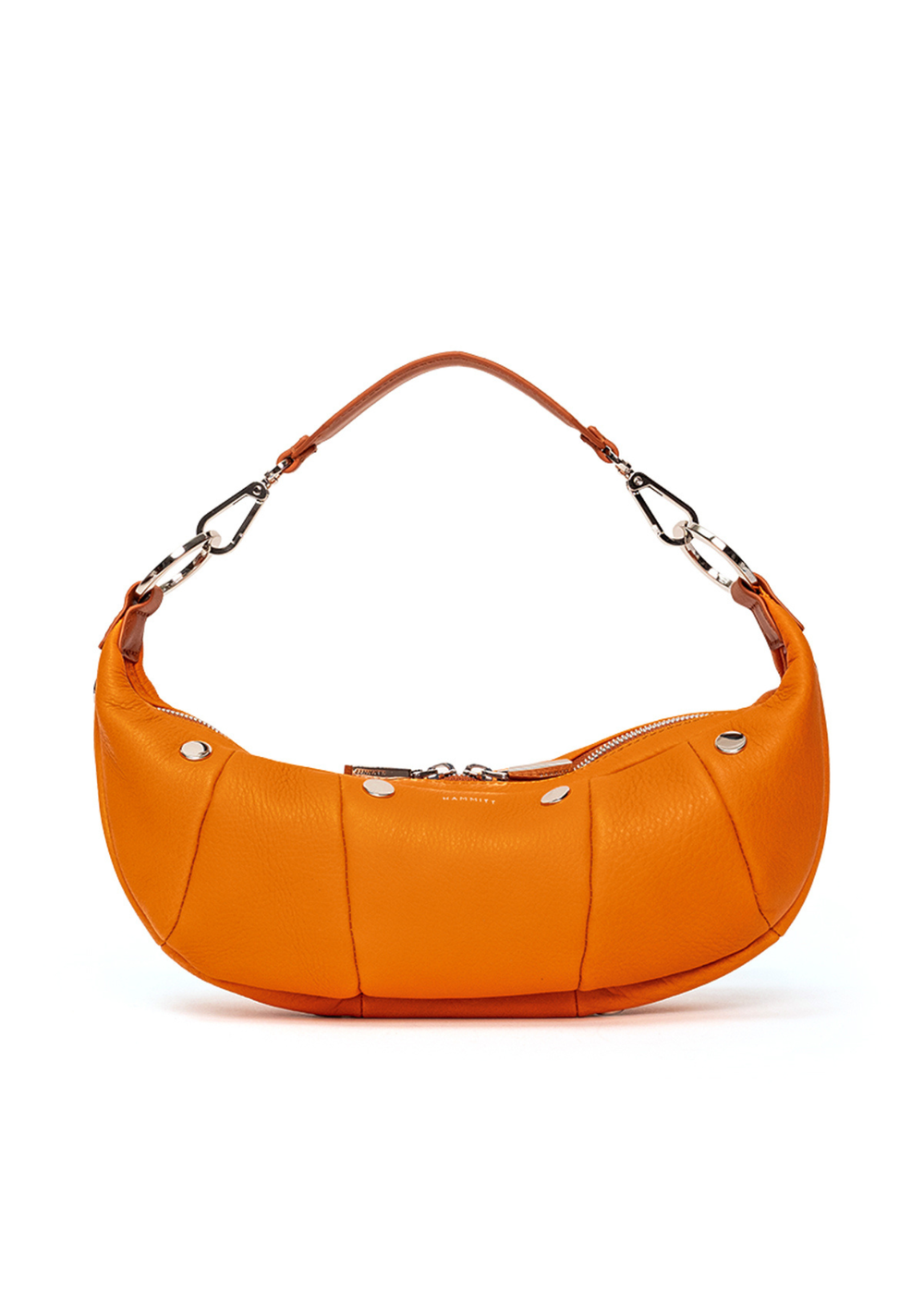 Orange leather handbag with silver hardware