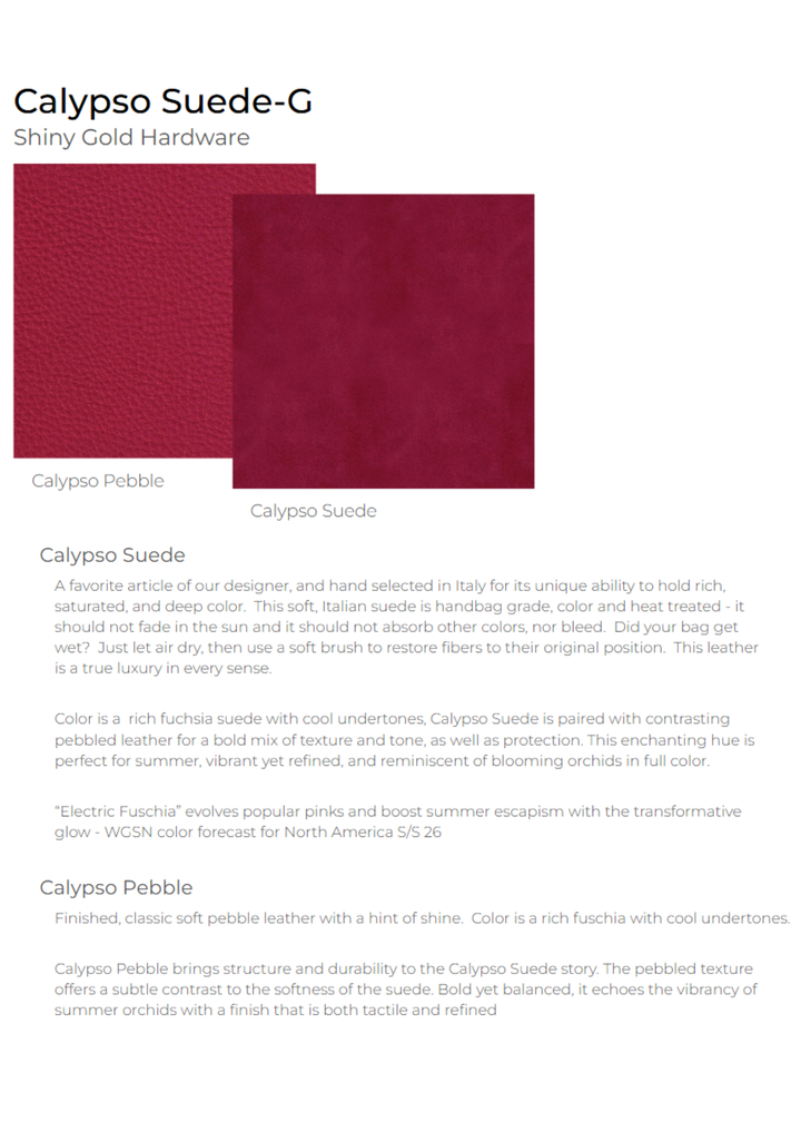 Graphic of fuschia suede and leather materials