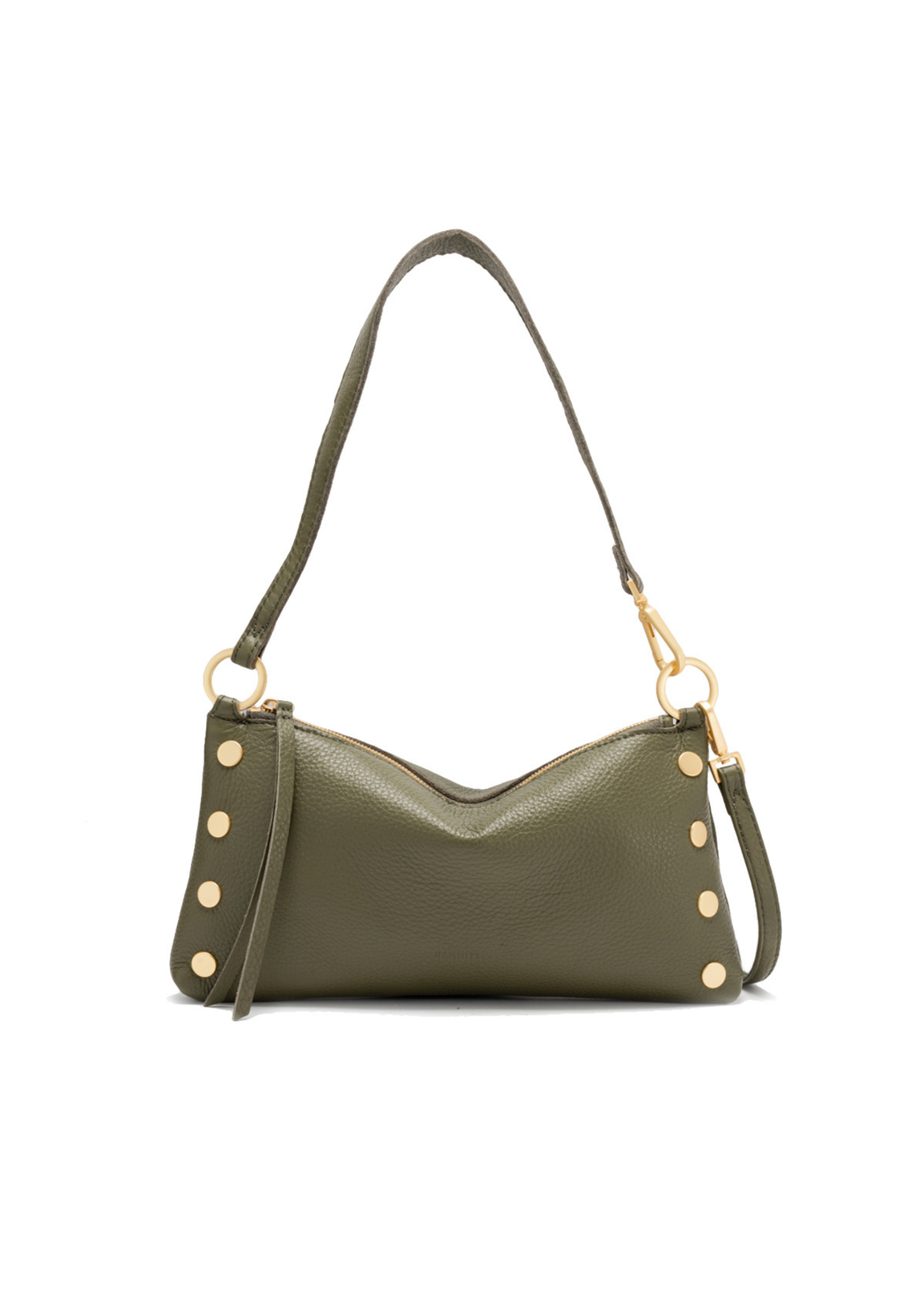 Olive green handbag with brushed gold hardware on a white background