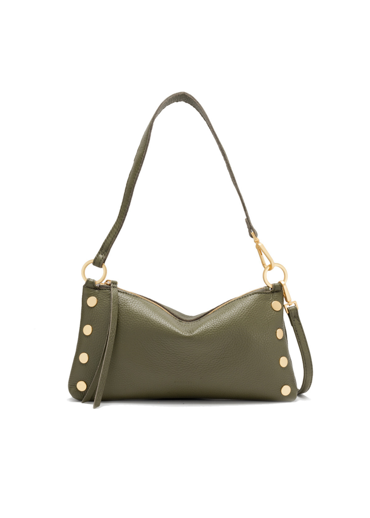 Olive green handbag with brushed gold hardware on a white background