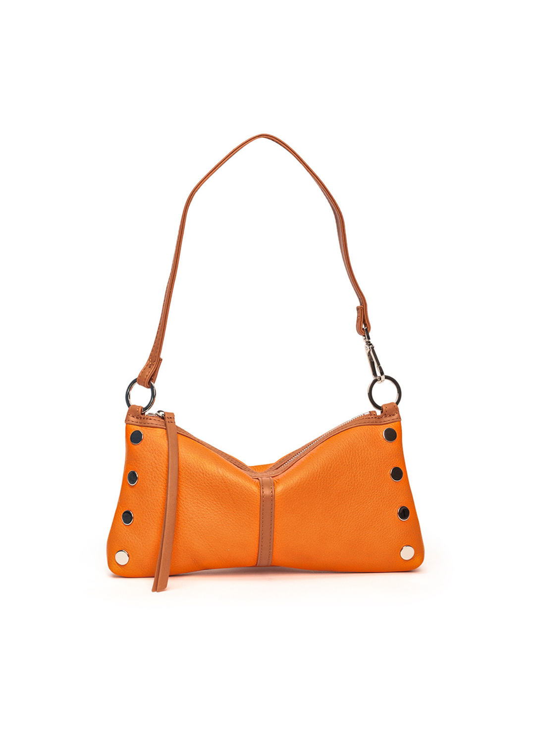 Orange purse with brown leather accents and silver hardware