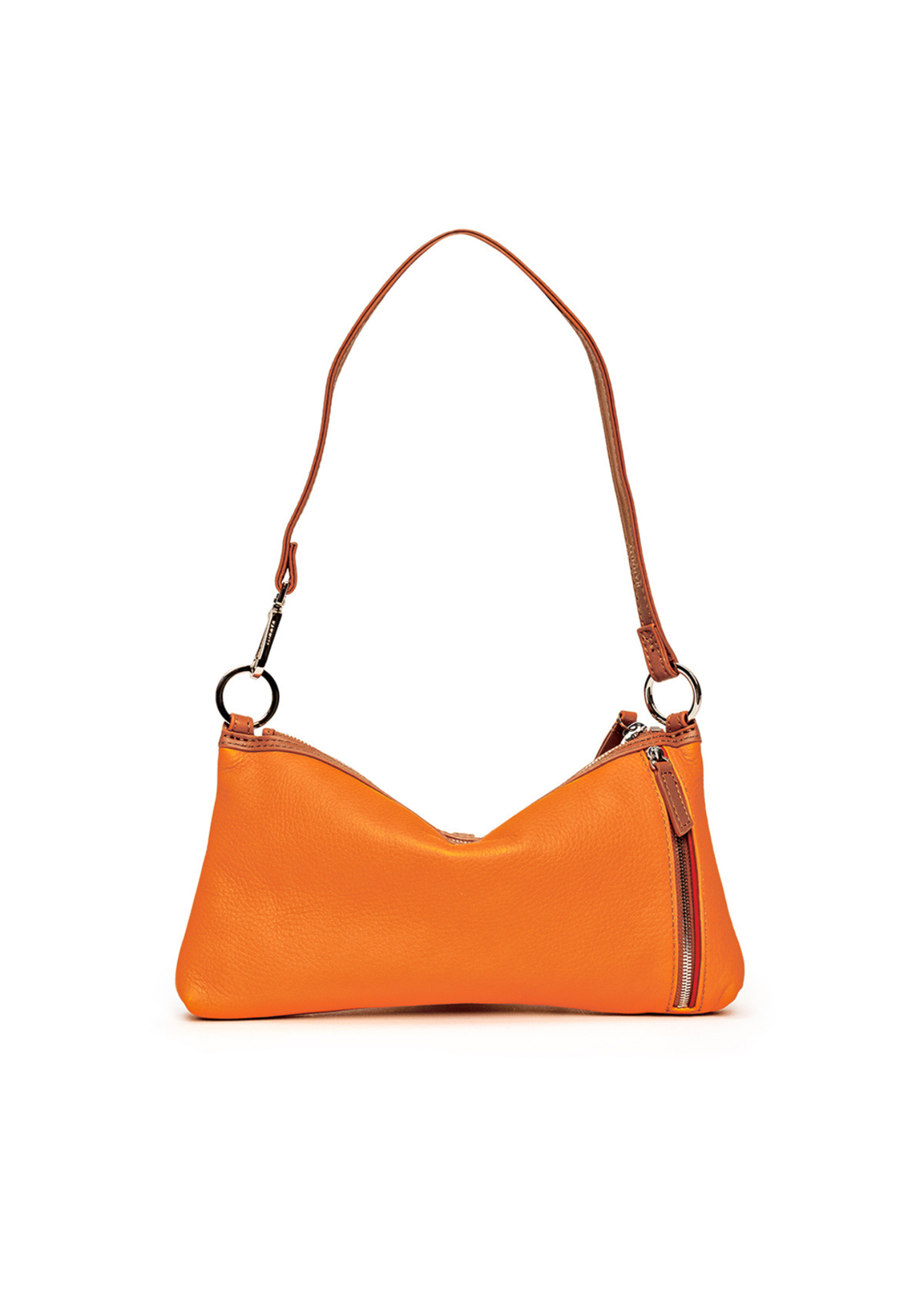 Back of an orange purse with brown leather accents and silver hardware