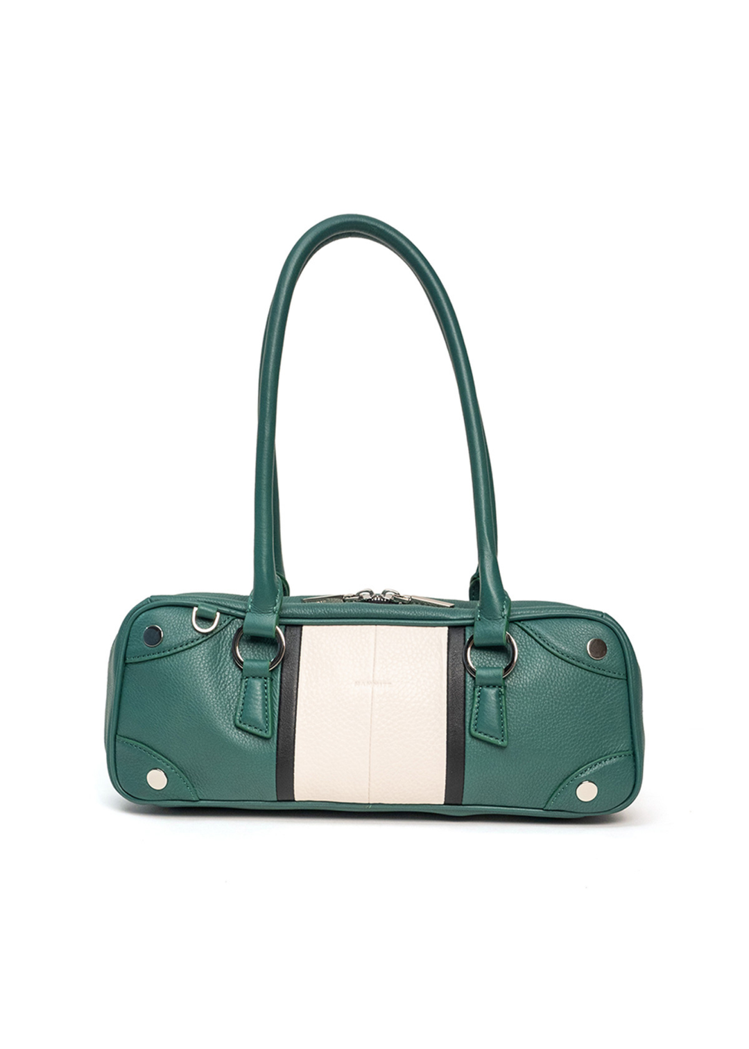 Green leather purse with a large white stripe