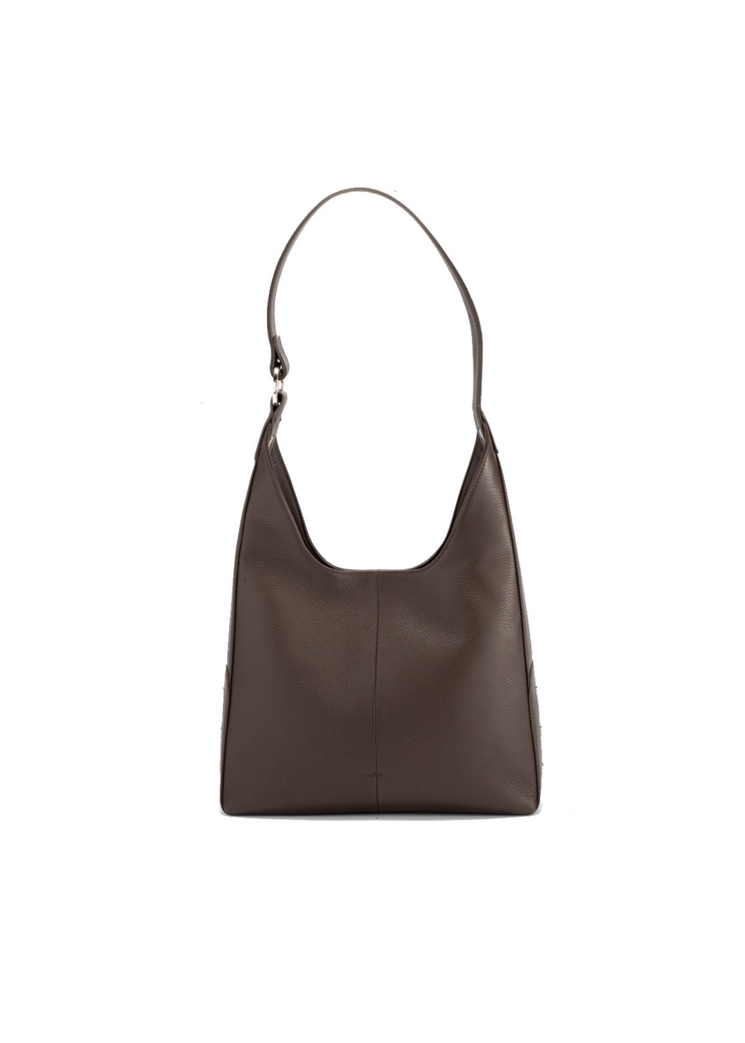 Brown leather handbag with gold accents on a white background