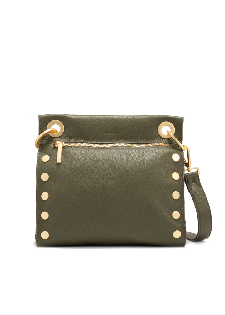 Olive green leather purse with brushed gold hardware in front of a white background