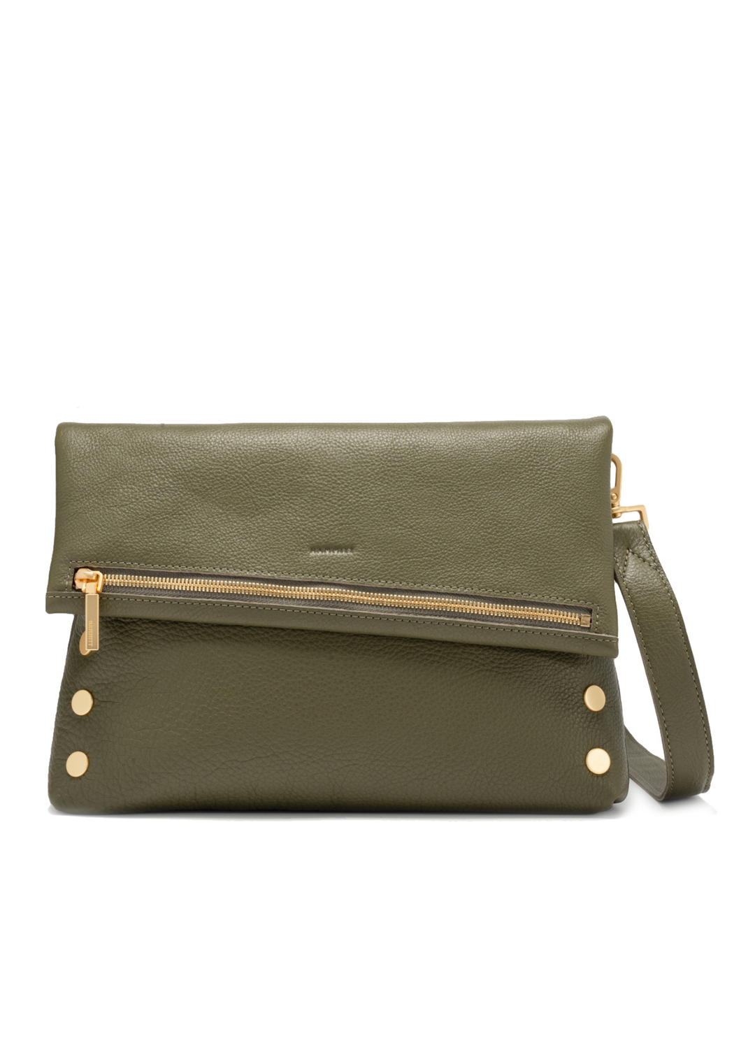 Olive green handbag with brushed gold hardware on a white background