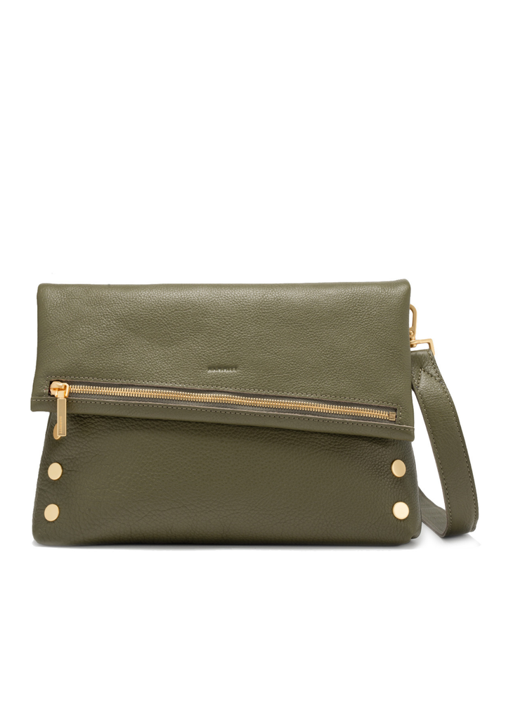 Olive green handbag with brushed gold hardware on a white background