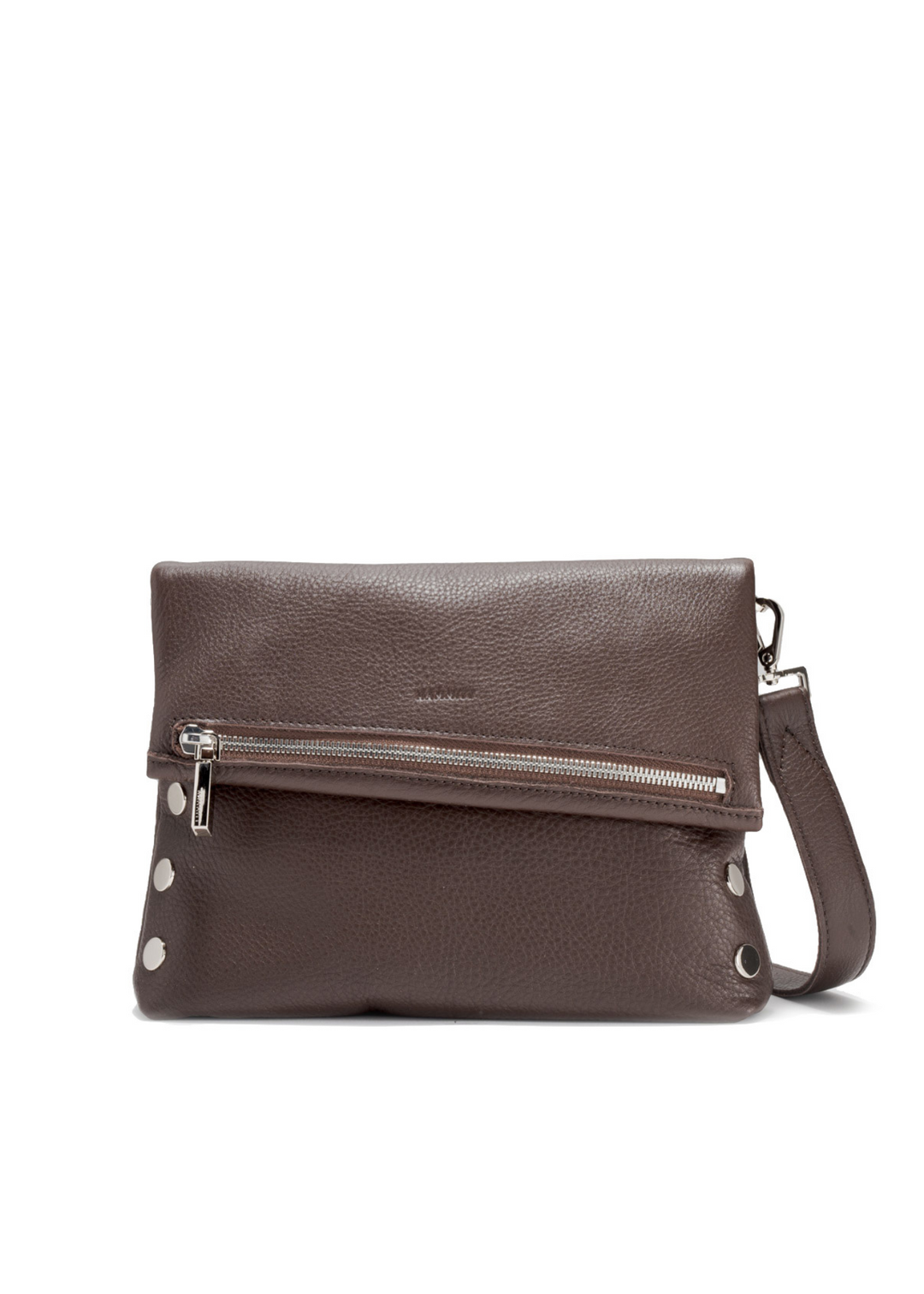Dark brown leather purse with silver accents on a white background