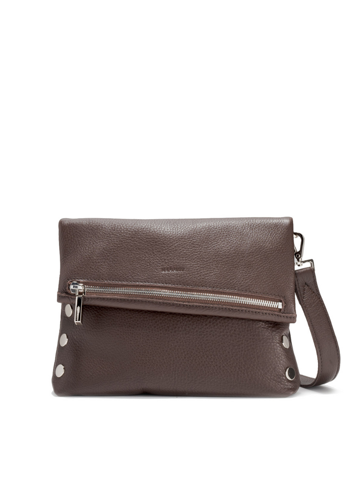 Dark brown leather purse with silver accents on a white background