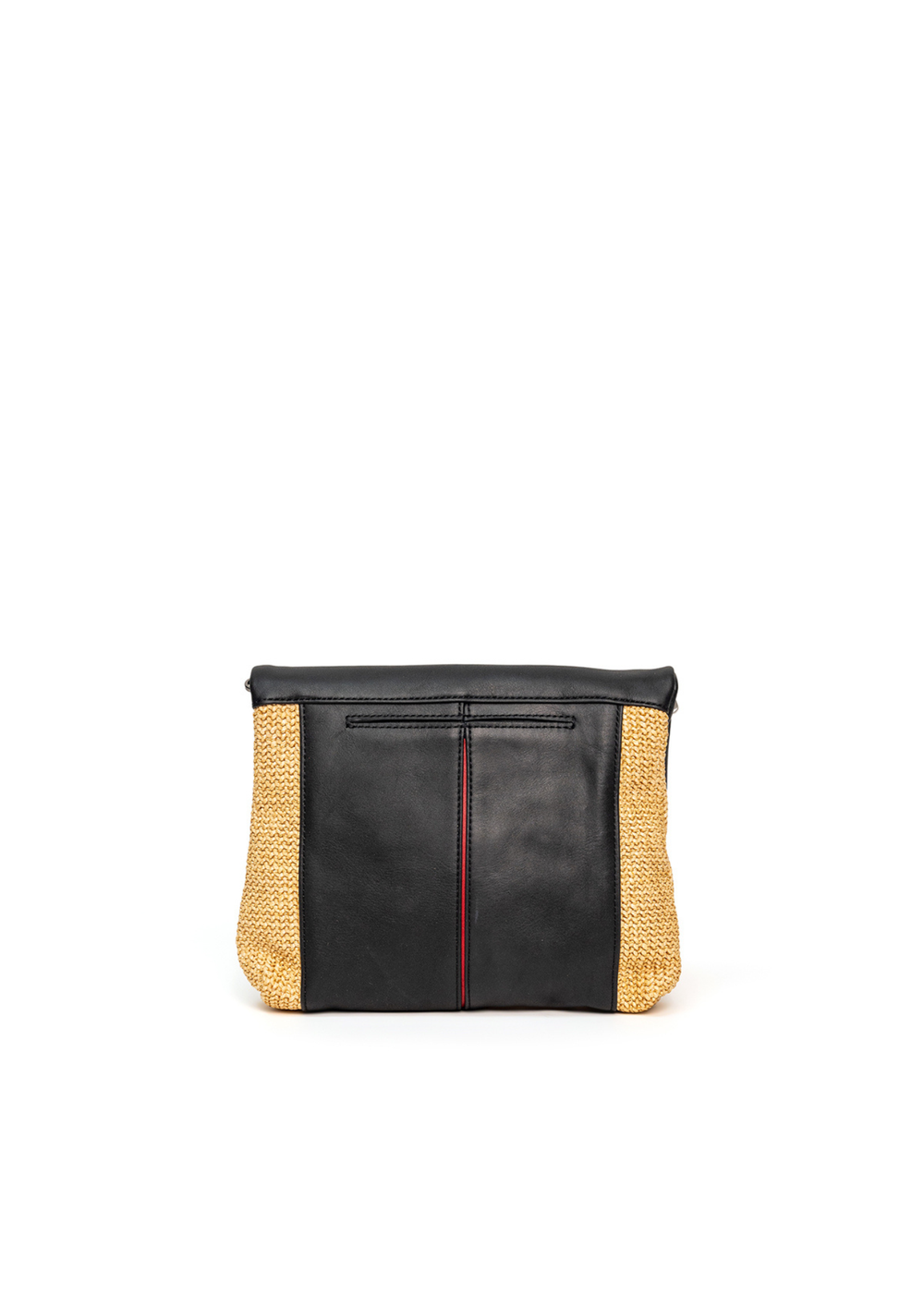 The back of a black leather and raffia handbag