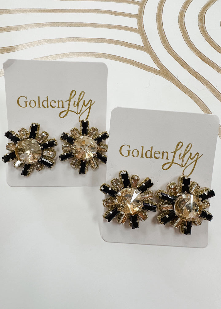 Rhinestone Burst Stud Earrings - Black and Gold