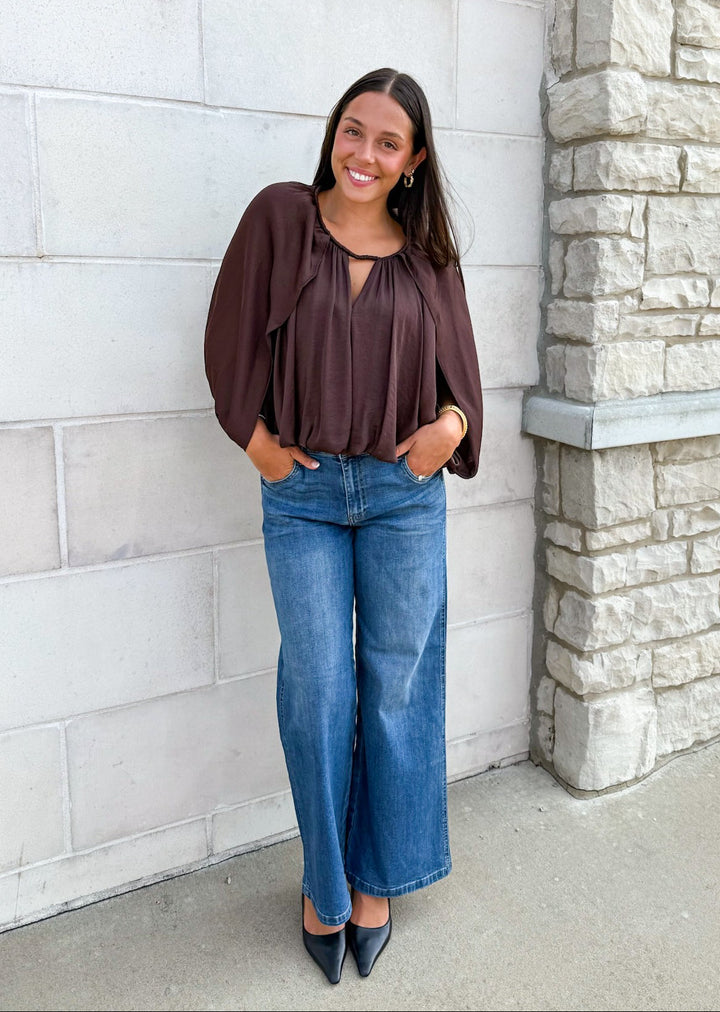 Olivia Silky Draped Cape Sleeve Blouse