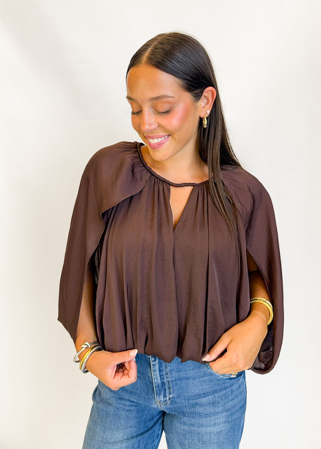 Olivia Silky Draped Cape Sleeve Blouse