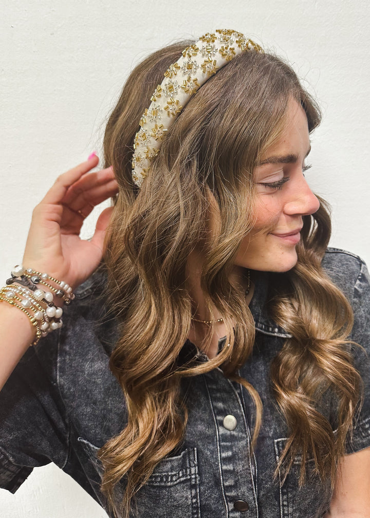 Ivory and Gold Beaded Headband